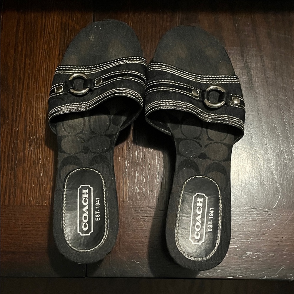 Coach Black Slide Sandals with Silver Accents